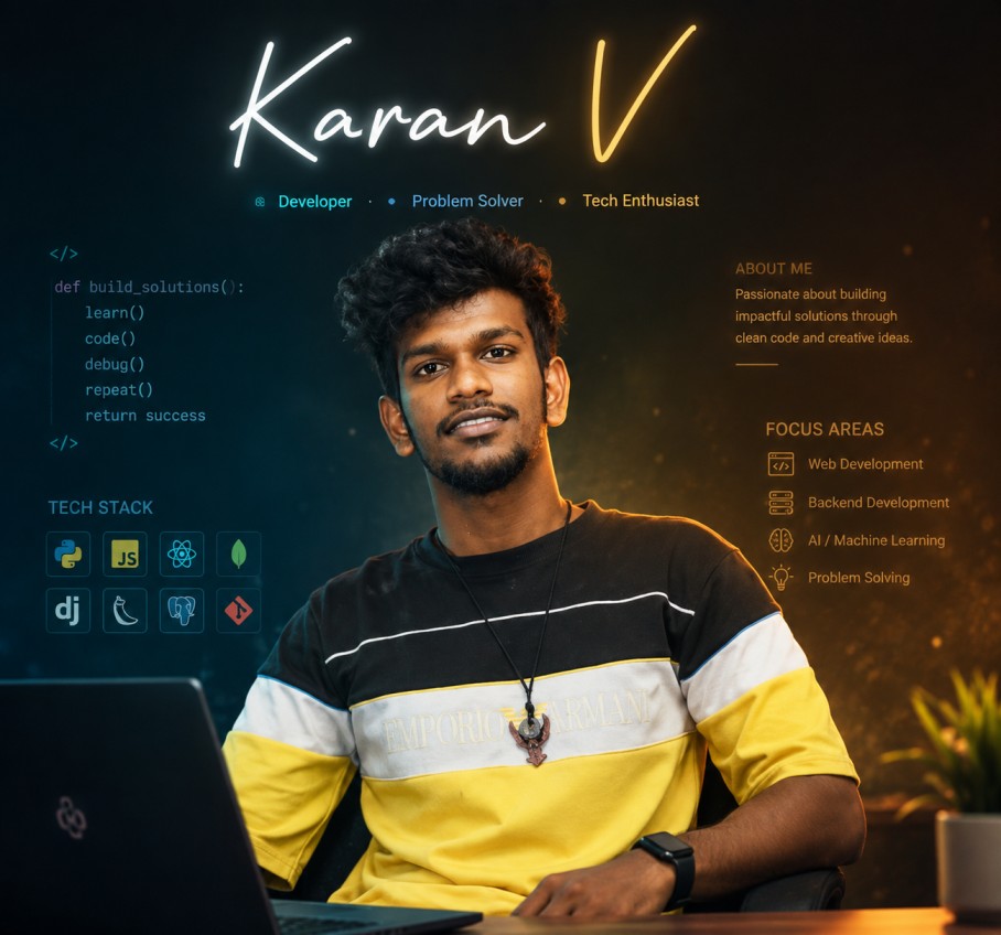 Karan V at his desk, AI/ML engineer and full-stack developer